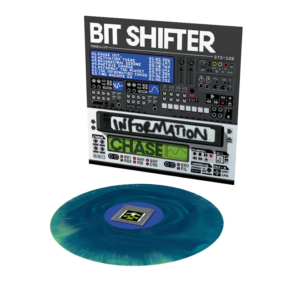 Product photo of the 2nd pressing of the Information Chase EP, showing the outer sleeve, as well as the record itself, pressed on blue/green swirl vinyl.