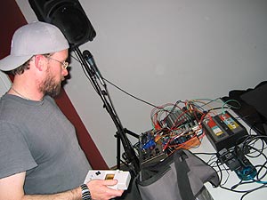 Daniel P. and his gear.  Museum of Contemporary Art Chicago, Version Lab 2003 03 29, image 05 of 18.